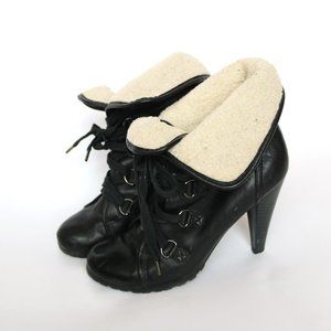 Black Faux Leather Motorcycle Biker Boots with Faux Shearling Size 10 GUC